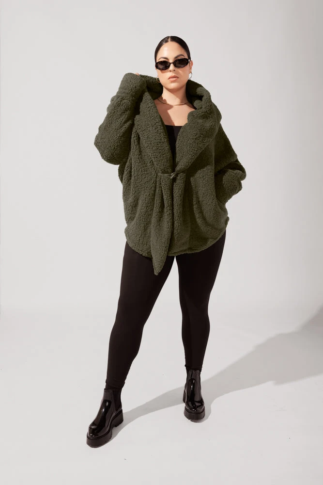 Faux Sherpa Cocoon Coat - Olive - Image 2