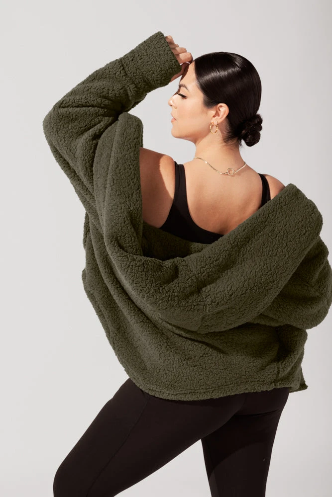 Faux Sherpa Cocoon Coat - Olive - Image 8