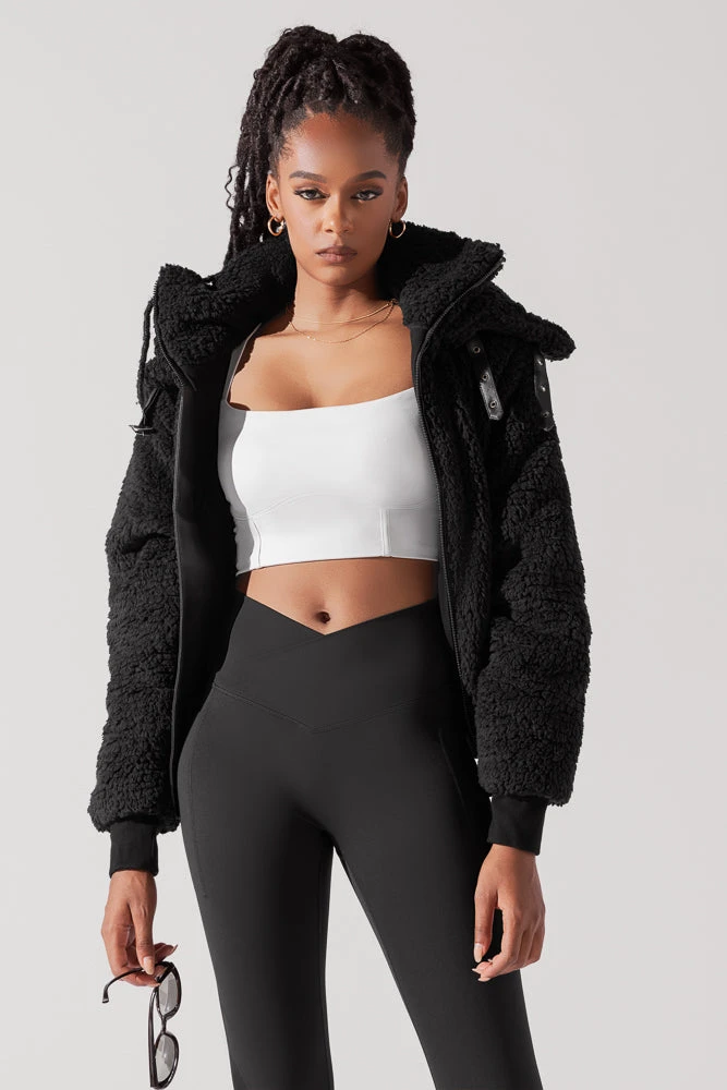 The Kinsley Bomber Jacket In Faux Sherpa - Black - Image 3