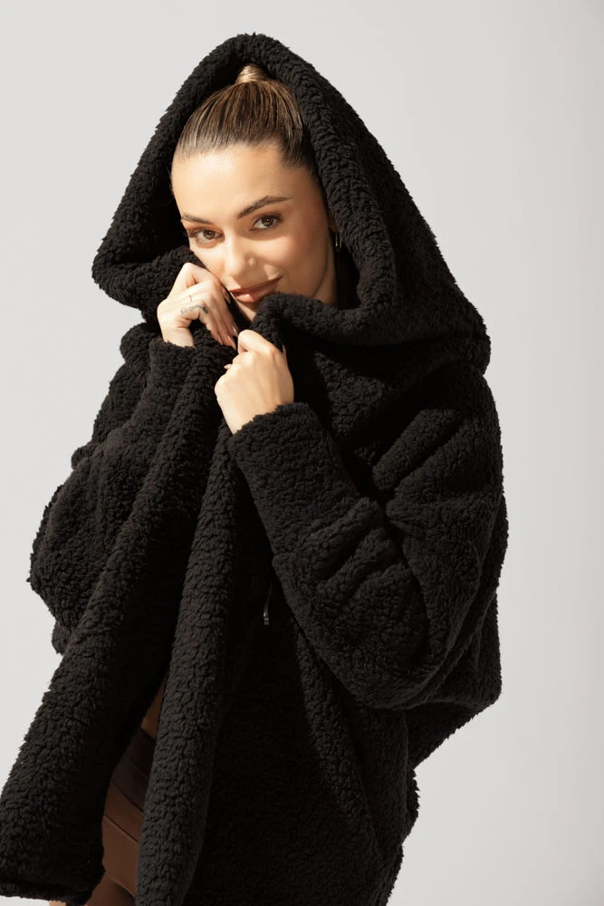 Faux Sherpa Cocoon Coat - Black - Image 5